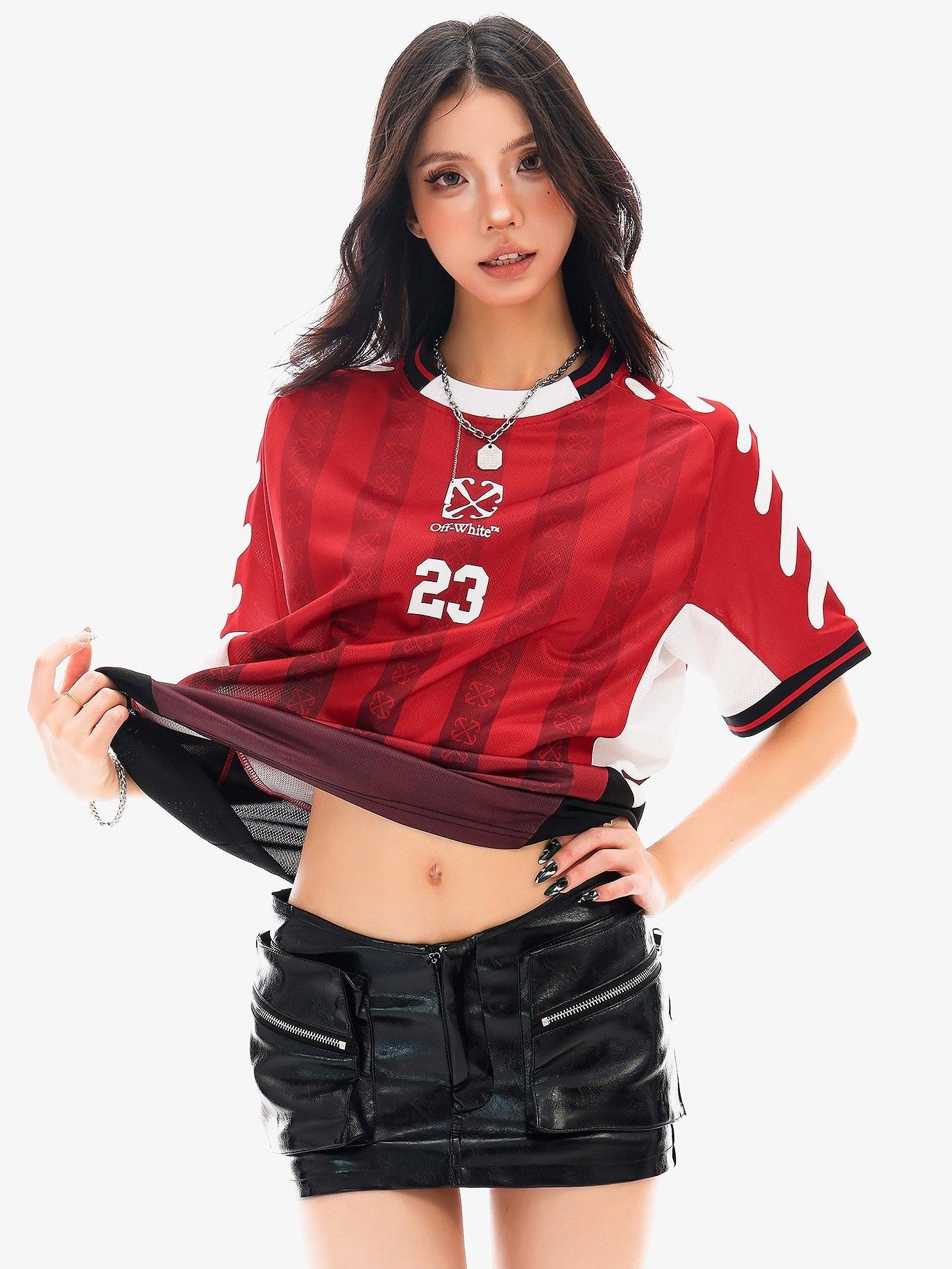 QIUQIU STUDIO Red Blue Colorblock Soccer Number Print Loose Women&