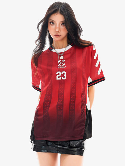 QIUQIU STUDIO Red Blue Colorblock Soccer Number Print Loose Women&
