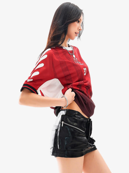 QIUQIU STUDIO Red Blue Colorblock Soccer Number Print Loose Women&
