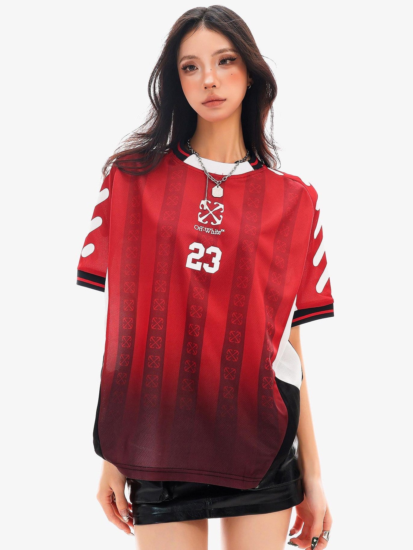QIUQIU STUDIO Red Blue Colorblock Soccer Number Print Loose Women&