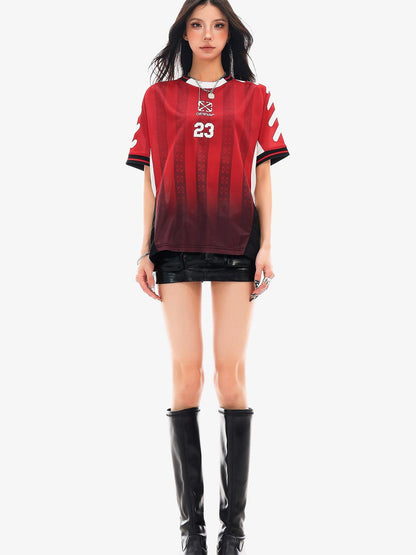QIUQIU STUDIO Red Blue Colorblock Soccer Number Print Loose Women&