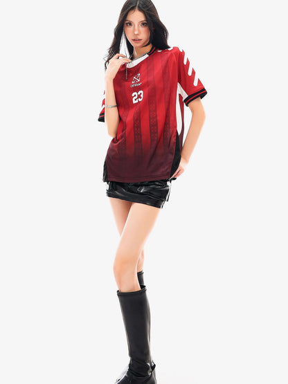 QIUQIU STUDIO Red Blue Colorblock Soccer Number Print Loose Women&