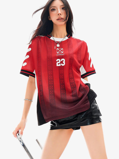 QIUQIU STUDIO Red Blue Colorblock Soccer Number Print Loose Women&