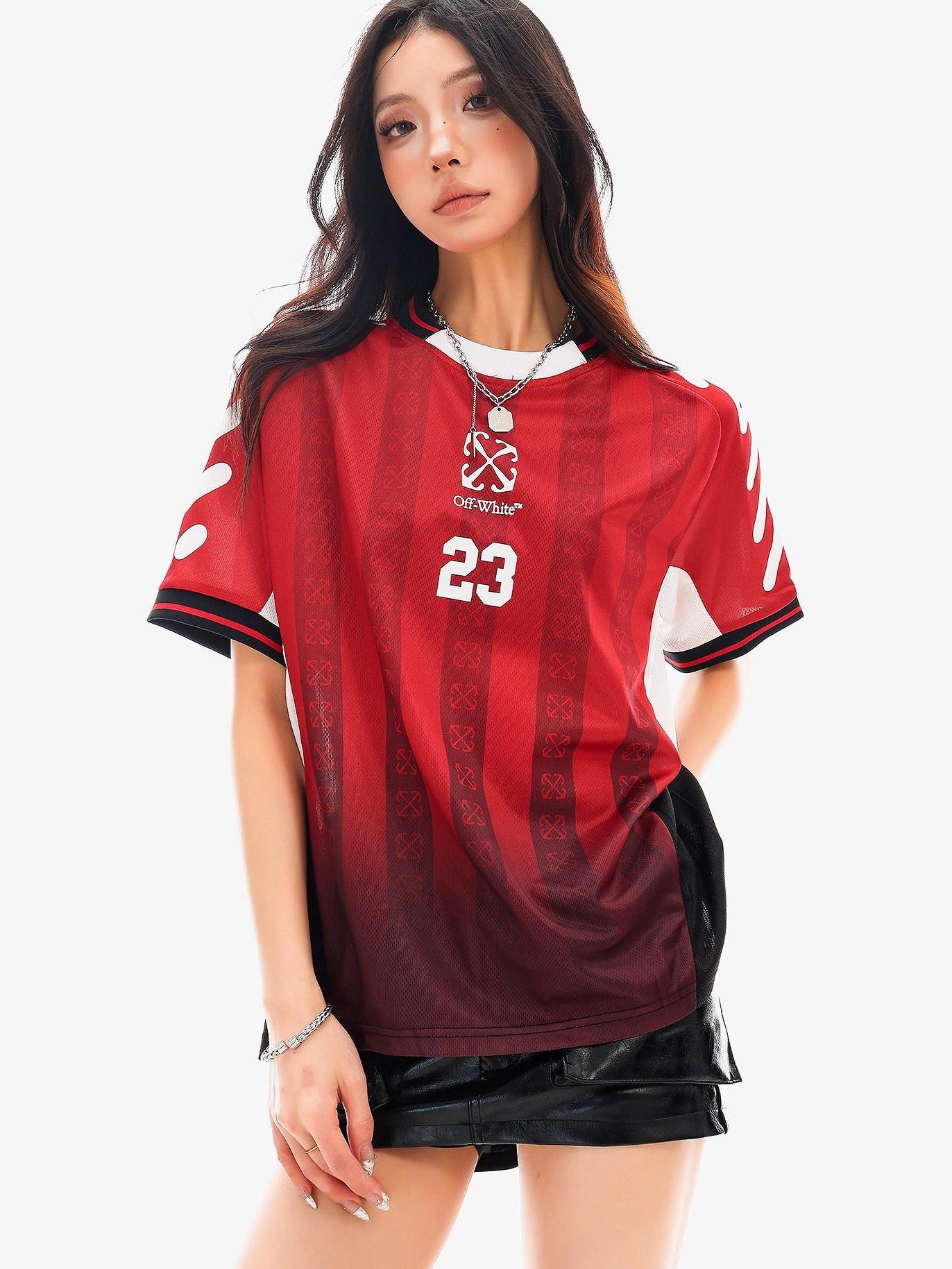 QIUQIU STUDIO Red Blue Colorblock Soccer Number Print Loose Women&