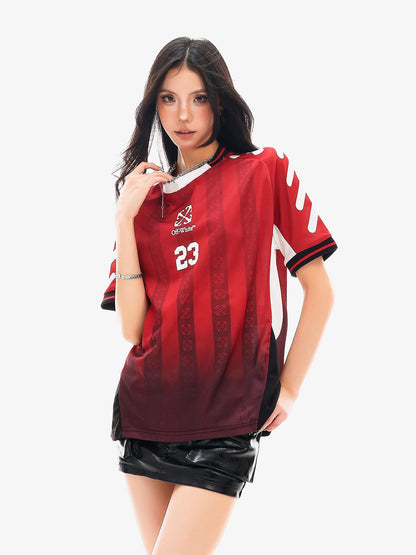 QIUQIU STUDIO Red Blue Colorblock Soccer Number Print Loose Women&