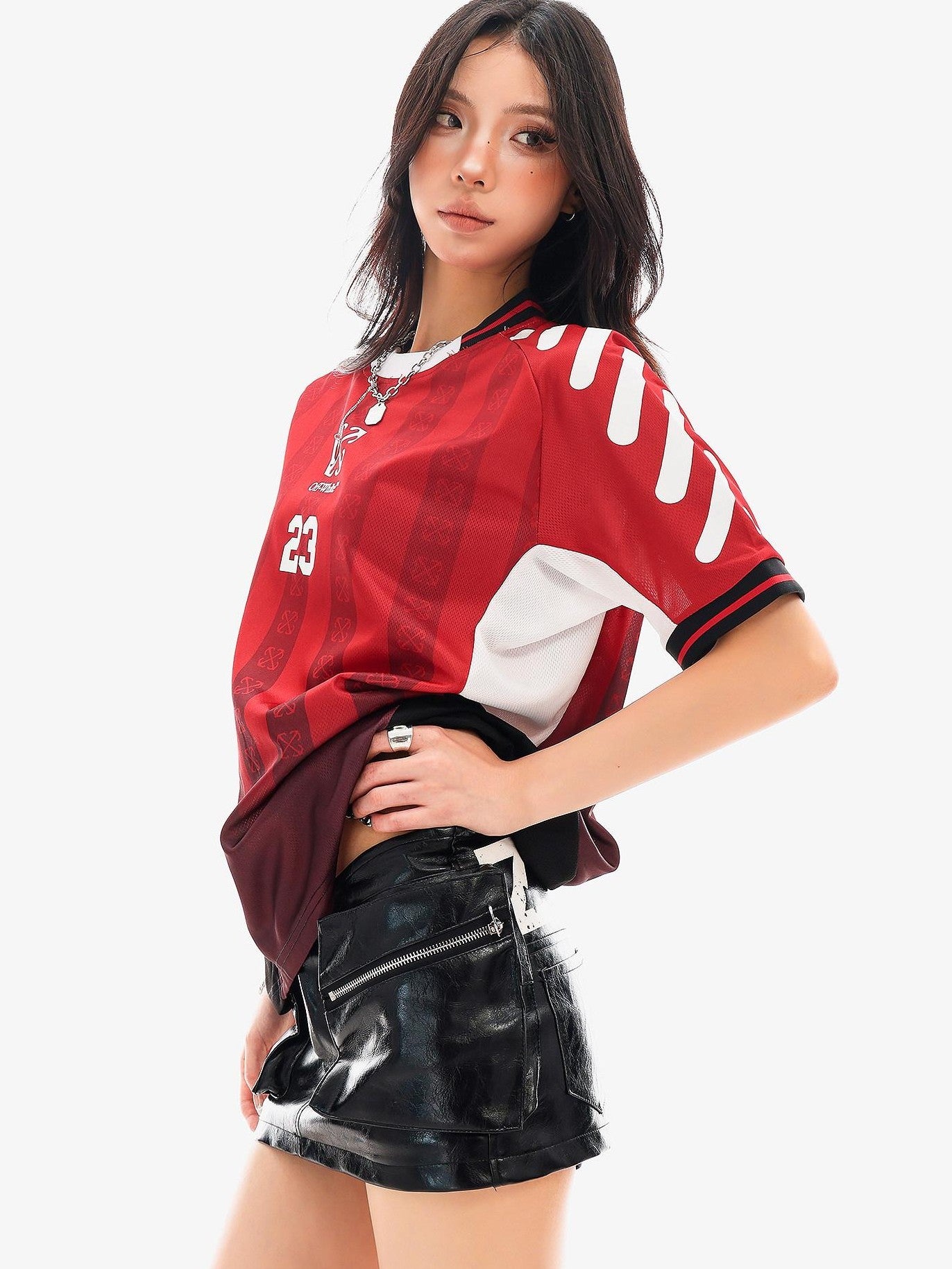 QIUQIU STUDIO Red Blue Colorblock Soccer Number Print Loose Women&