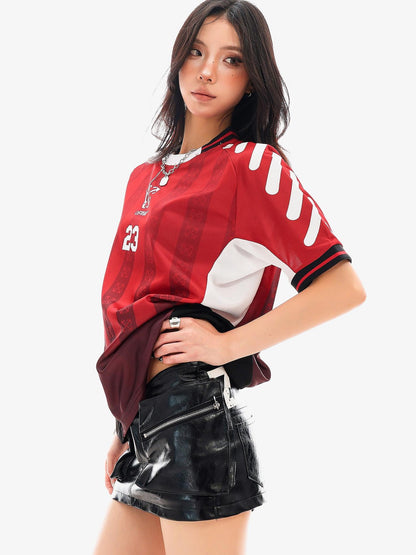 QIUQIU STUDIO Red Blue Colorblock Soccer Number Print Loose Women&