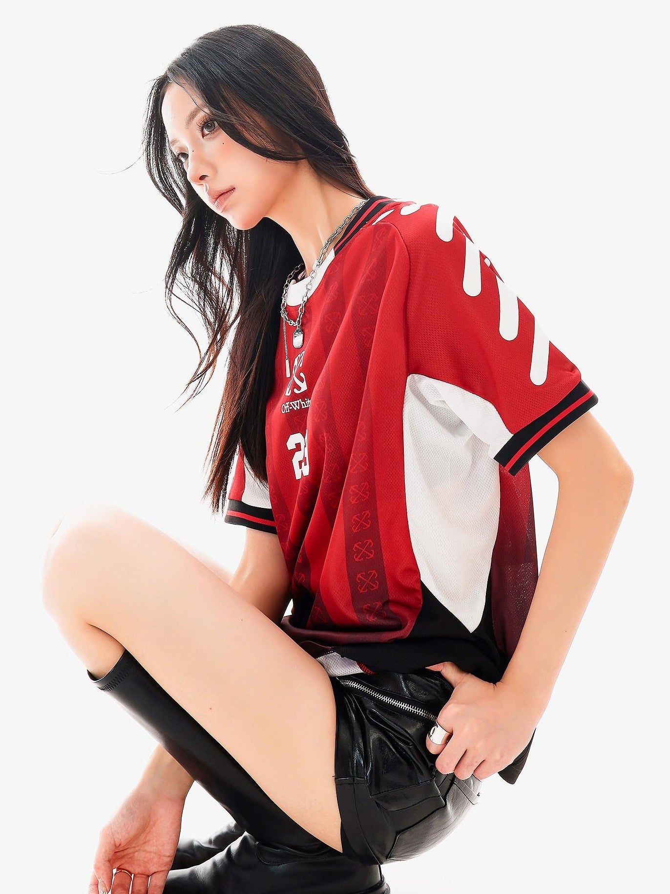 QIUQIU STUDIO Red Blue Colorblock Soccer Number Print Loose Women&