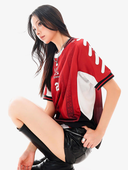 QIUQIU STUDIO Red Blue Colorblock Soccer Number Print Loose Women&