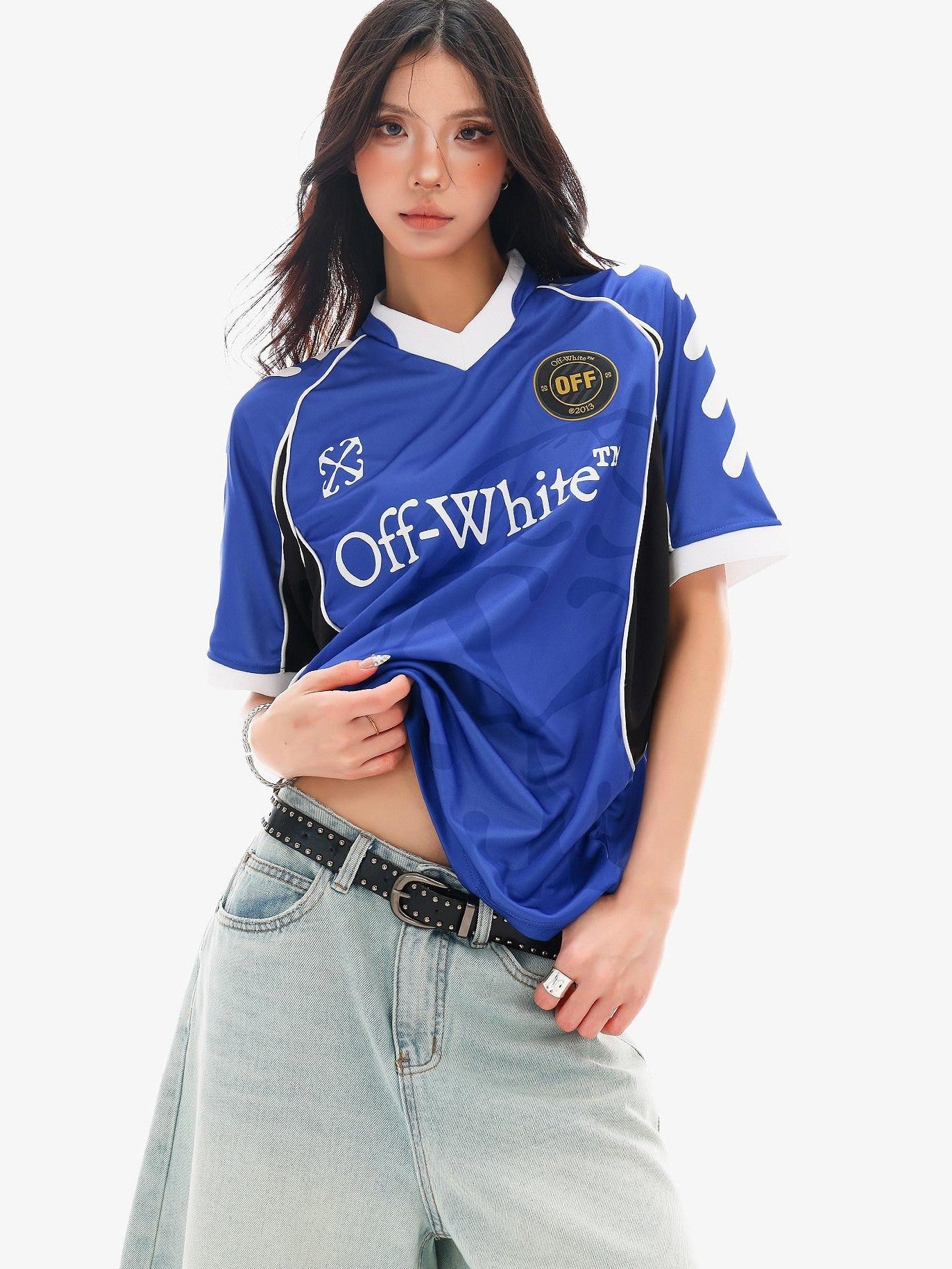 QIUQIU STUDIO Red Blue Colorblock Soccer Number Print Loose Women&