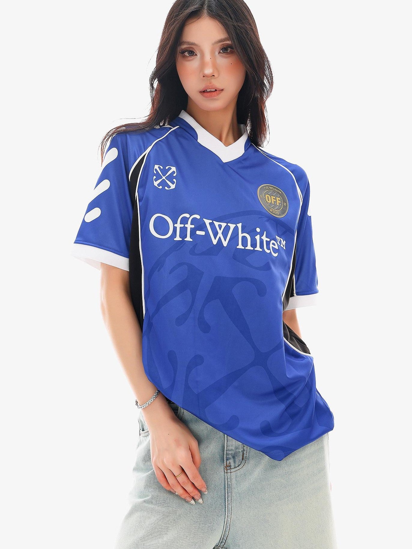 QIUQIU STUDIO Red Blue Colorblock Soccer Number Print Loose Women&