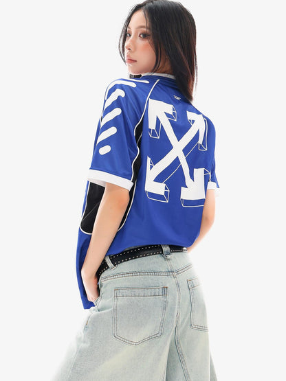 QIUQIU STUDIO Red Blue Colorblock Soccer Number Print Loose Women&