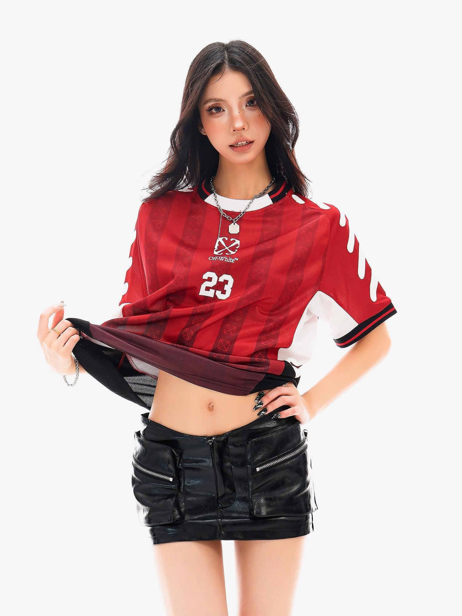 QIUQIU STUDIO Red Blue Colorblock Soccer Number Print Loose Women&