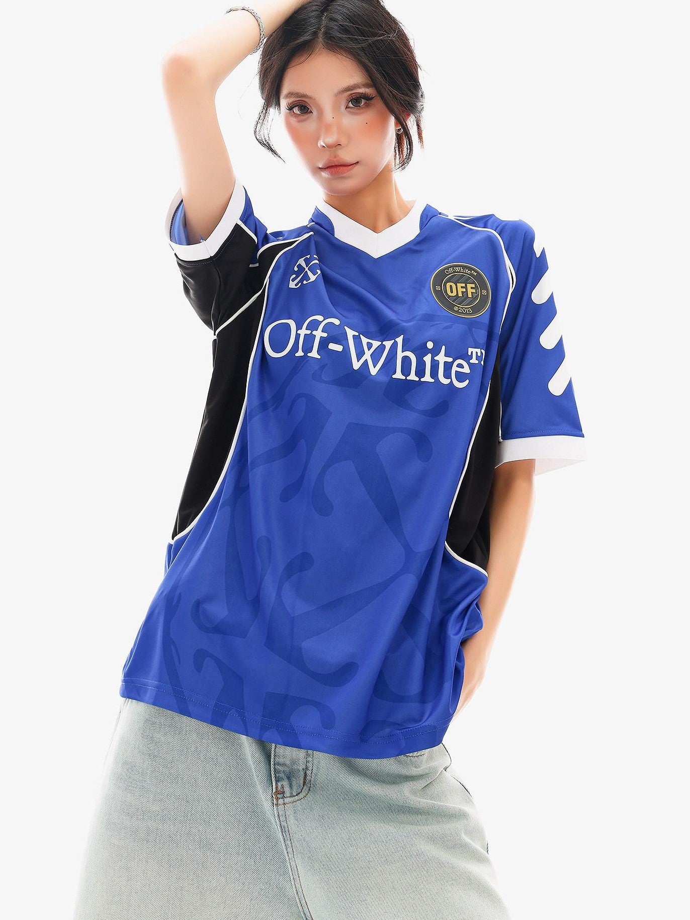 QIUQIU STUDIO Red Blue Colorblock Soccer Number Print Loose Women&