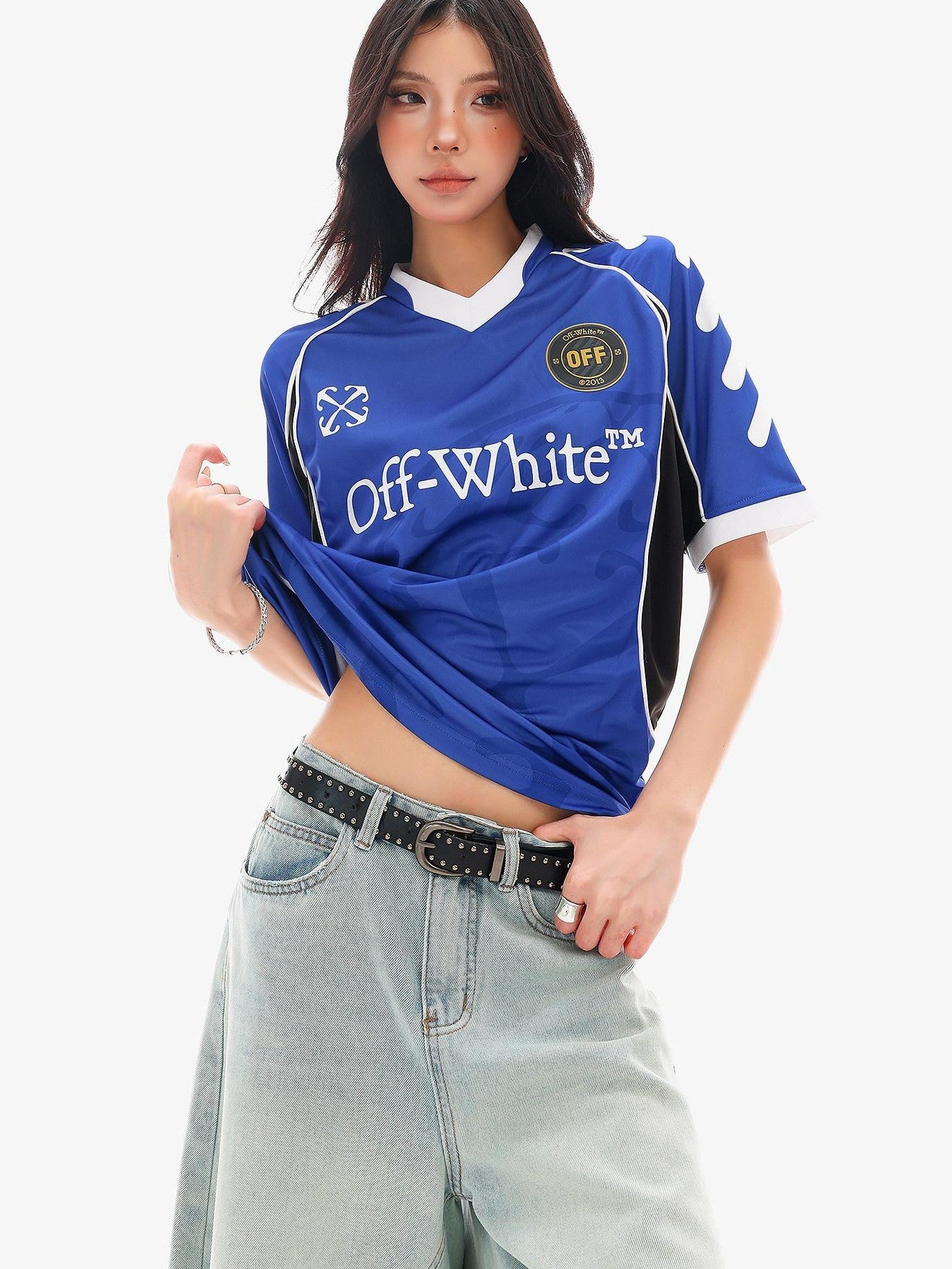 QIUQIU STUDIO Red Blue Colorblock Soccer Number Print Loose Women&