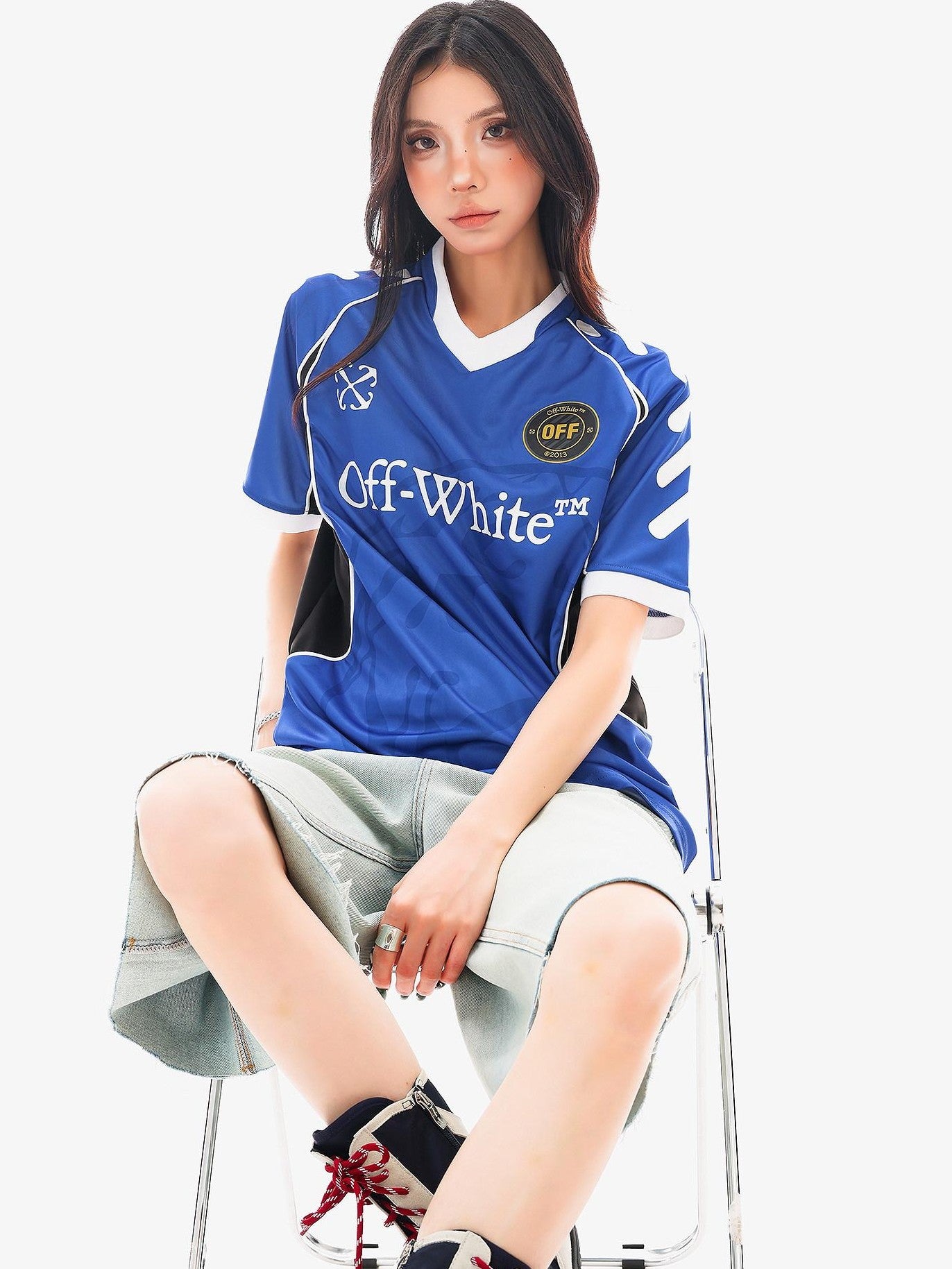 QIUQIU STUDIO Red Blue Colorblock Soccer Number Print Loose Women&