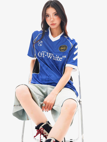 QIUQIU STUDIO Red Blue Colorblock Soccer Number Print Loose Women&