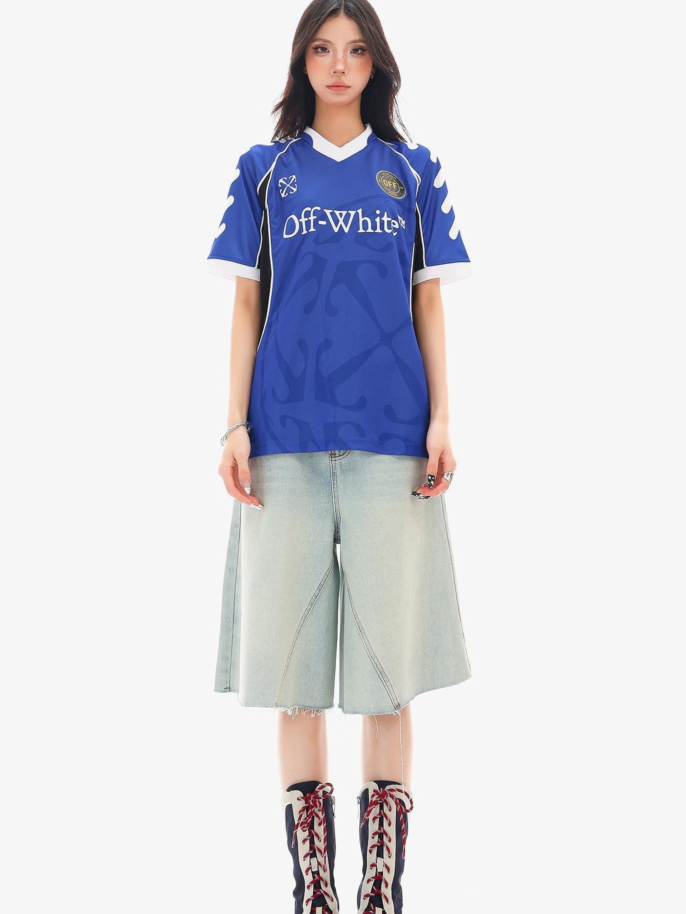 QIUQIU STUDIO Red Blue Colorblock Soccer Number Print Loose Women&