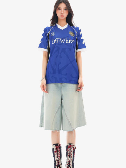 QIUQIU STUDIO Red Blue Colorblock Soccer Number Print Loose Women&