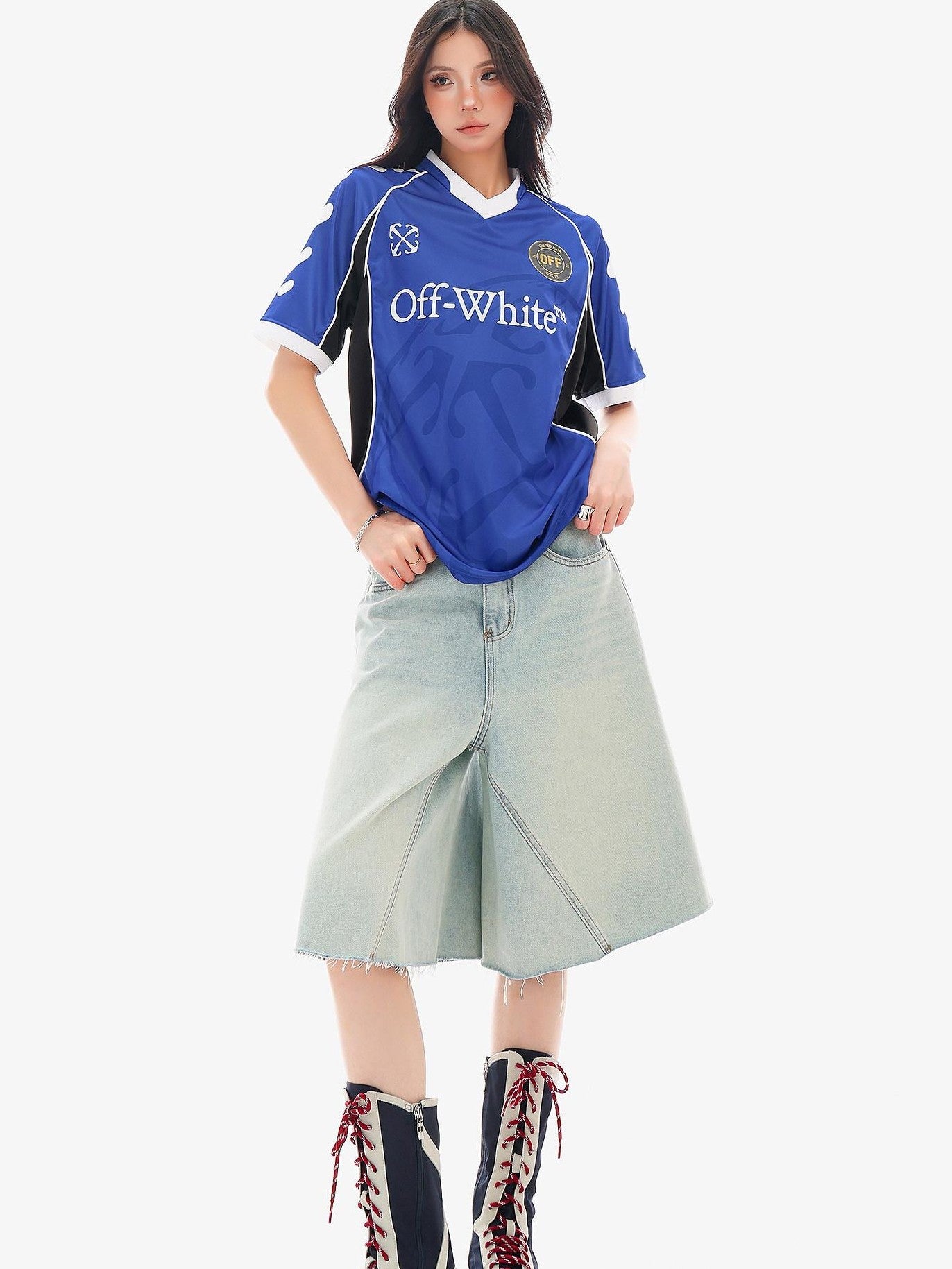 QIUQIU STUDIO Red Blue Colorblock Soccer Number Print Loose Women&