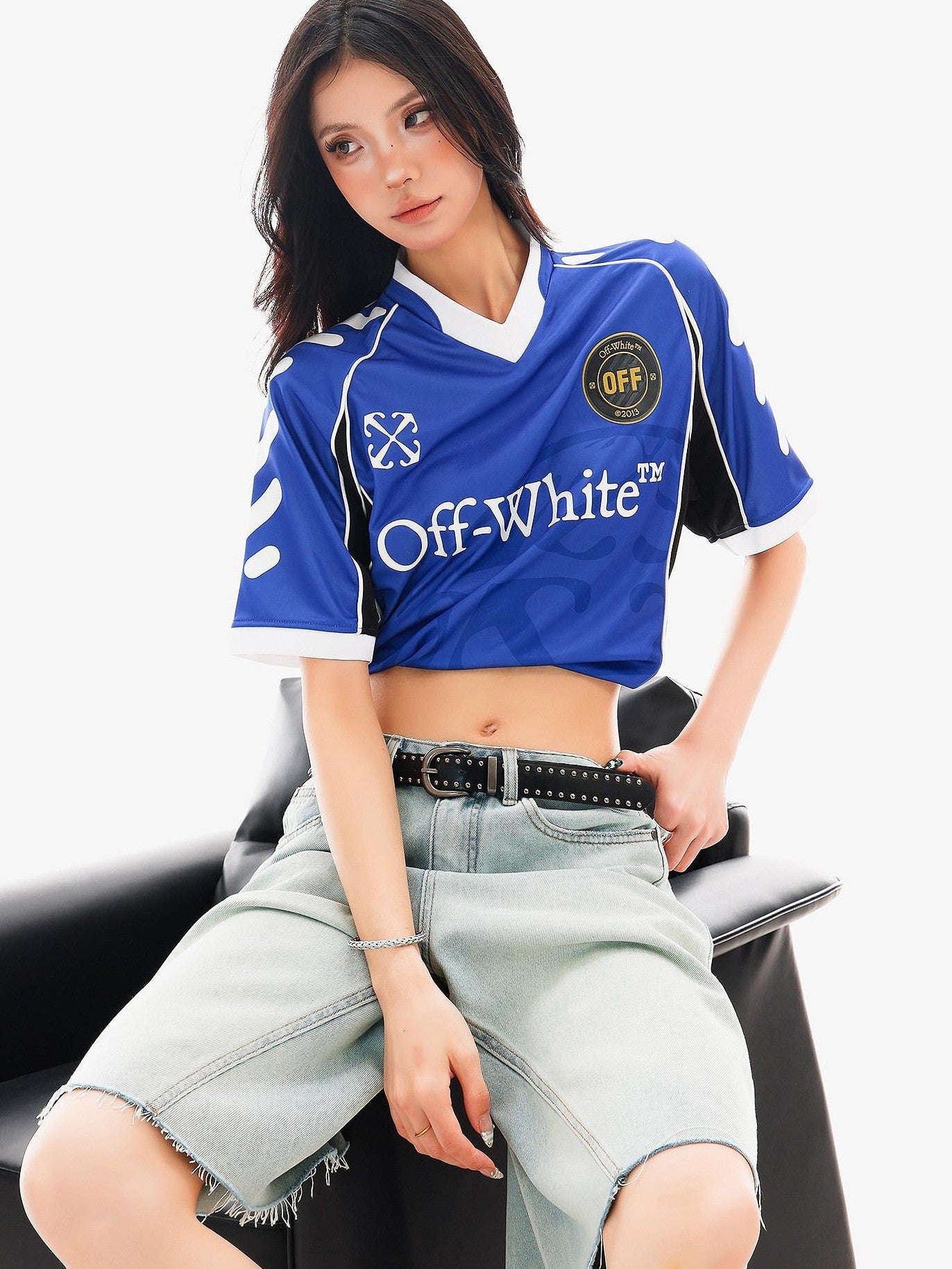 QIUQIU STUDIO Red Blue Colorblock Soccer Number Print Loose Women&