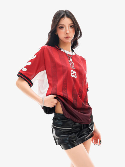 QIUQIU STUDIO Red Blue Colorblock Soccer Number Print Loose Women&