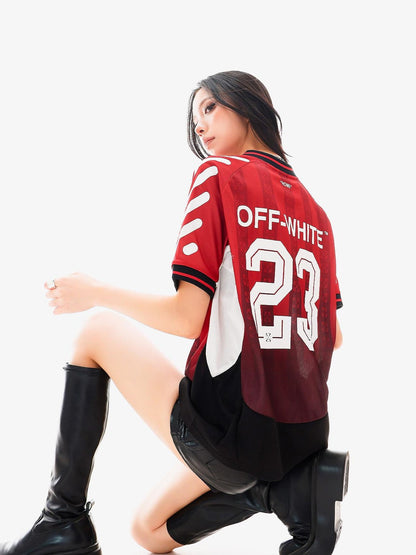 QIUQIU STUDIO Red Blue Colorblock Soccer Number Print Loose Women&