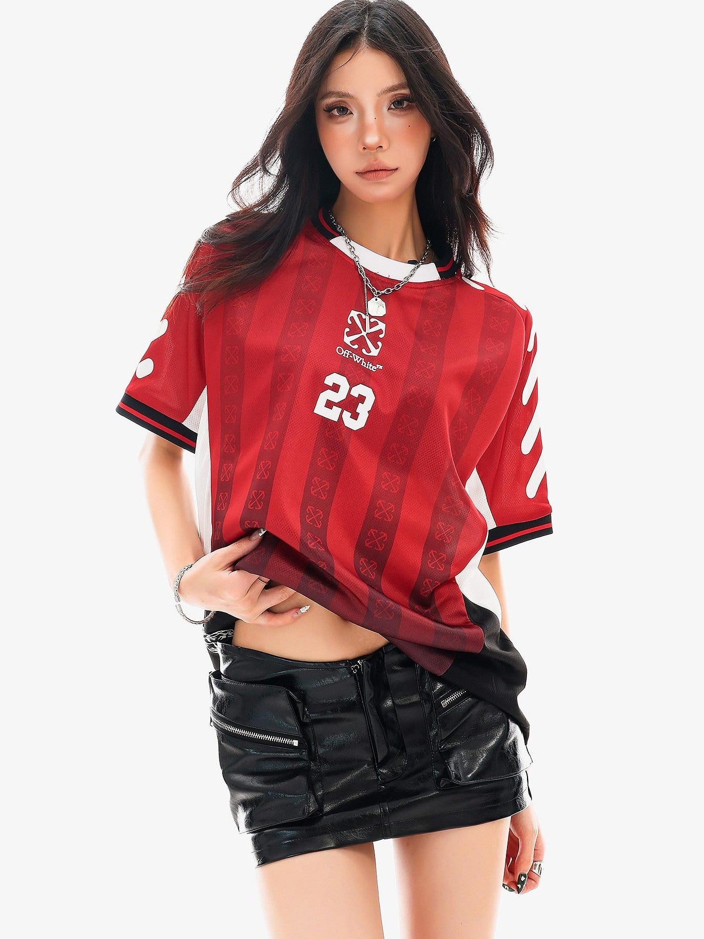 QIUQIU STUDIO Red Blue Colorblock Soccer Number Print Loose Women&
