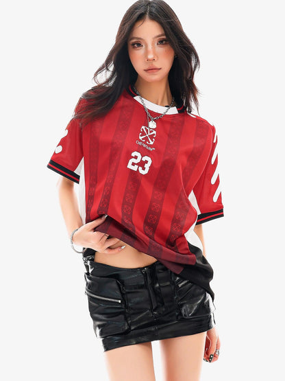 QIUQIU STUDIO Red Blue Colorblock Soccer Number Print Loose Women&