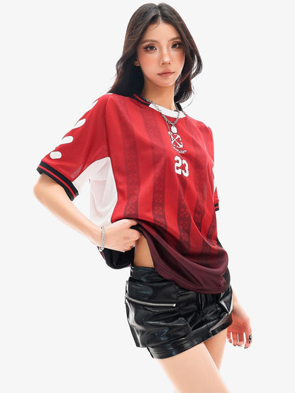 QIUQIU STUDIO Red Blue Colorblock Soccer Number Print Loose Women&