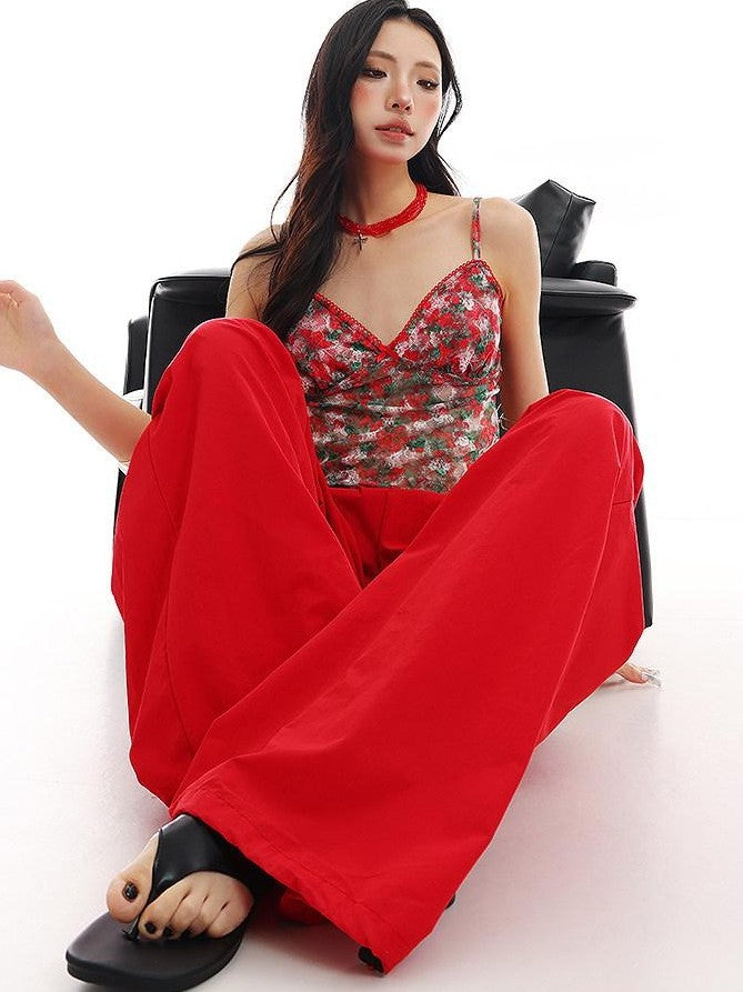 QIUQIU STUDIO Red Floral Print Padded V-neck Slim Cropped Women&