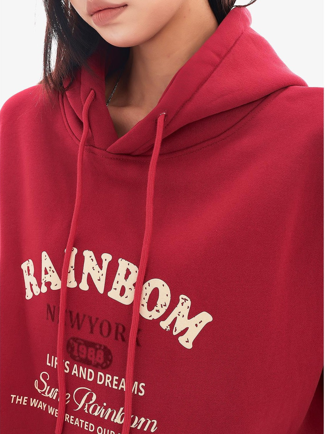 QIUQIU STUDIO Red Letter Print Loose Fit Thick Fleece Hooded Women&