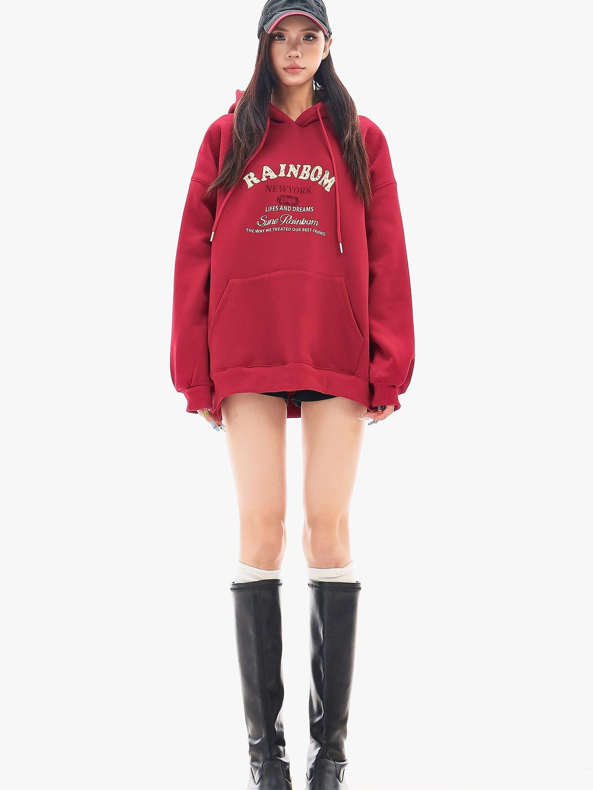 QIUQIU STUDIO Red Letter Print Loose Fit Thick Fleece Hooded Women&