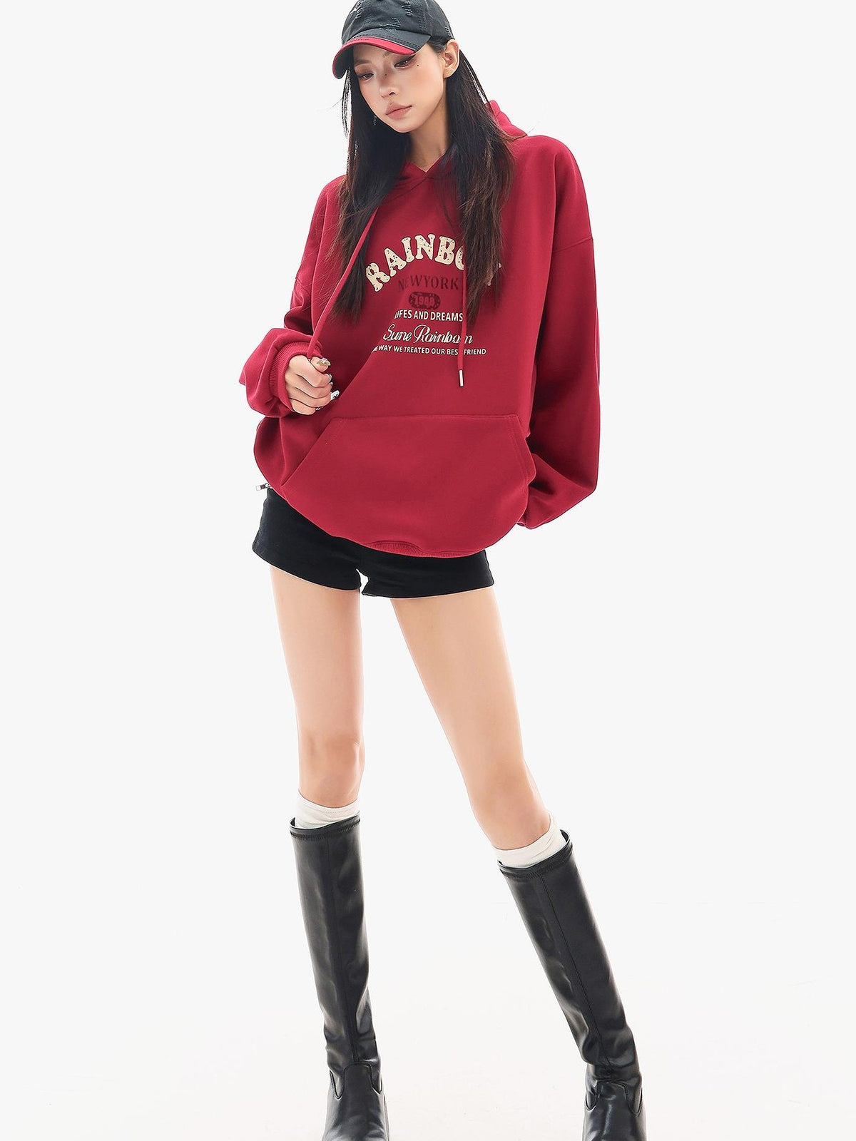 QIUQIU STUDIO Red Letter Print Loose Fit Thick Fleece Hooded Women&