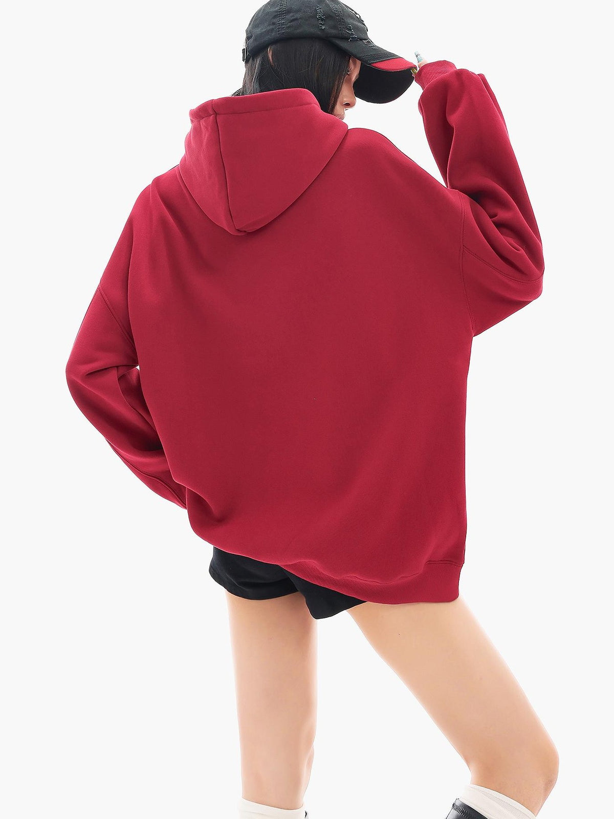 QIUQIU STUDIO Red Letter Print Loose Fit Thick Fleece Hooded Women&