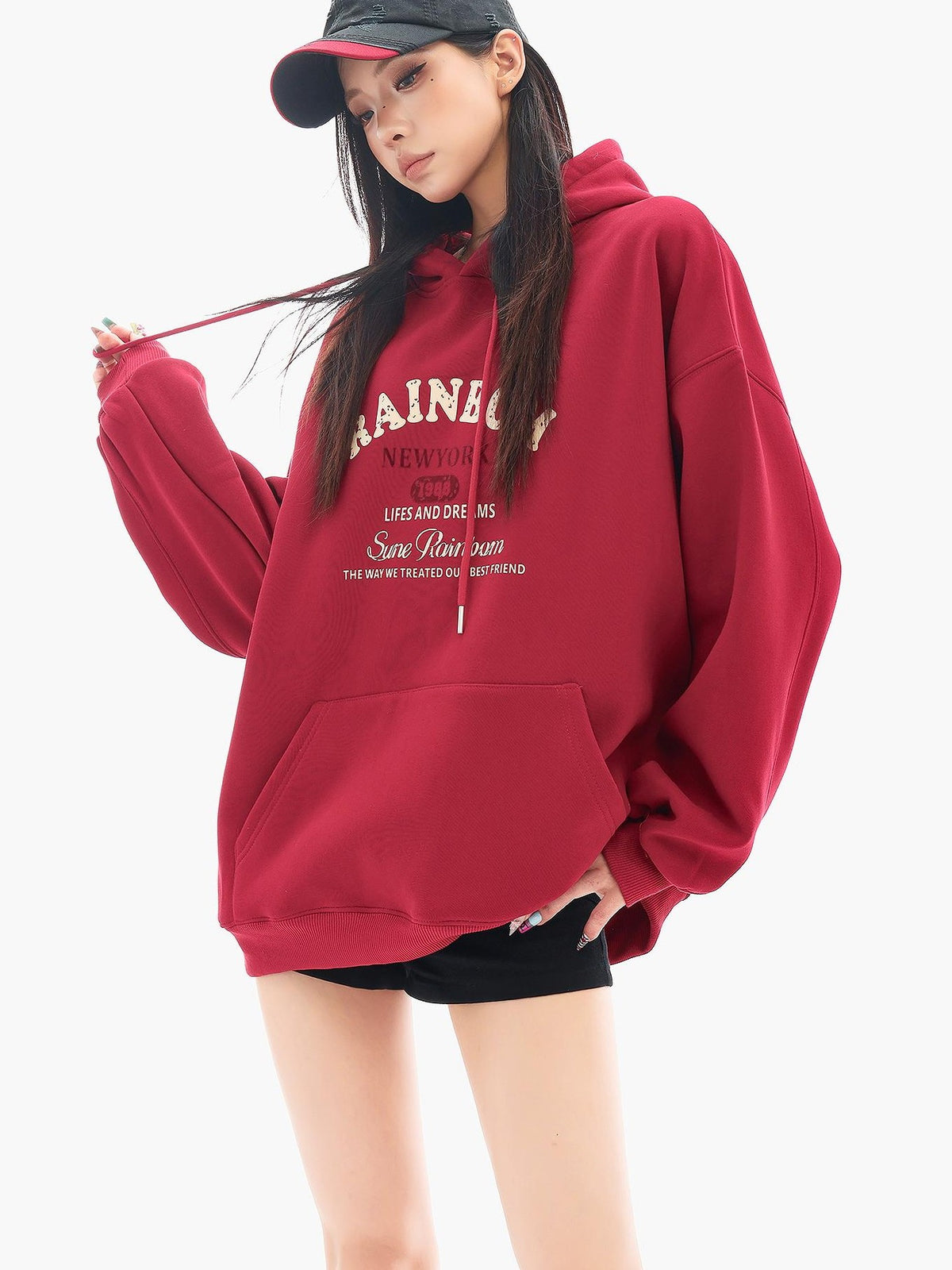 QIUQIU STUDIO Red Letter Print Loose Fit Thick Fleece Hooded Women&