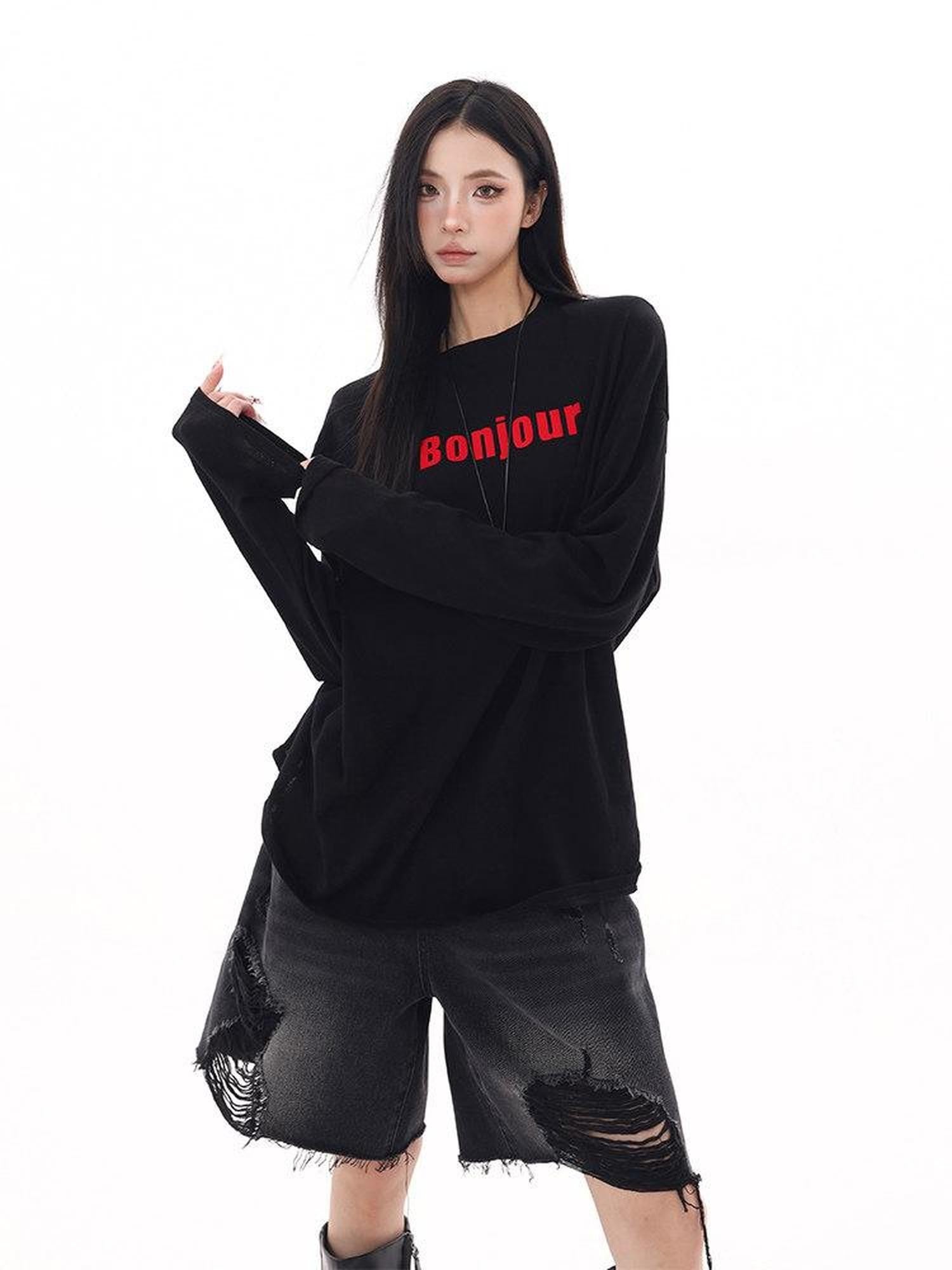 QIUQIU STUDIO Relaxed Letter Print Round Neck Drop Shoulder Women&