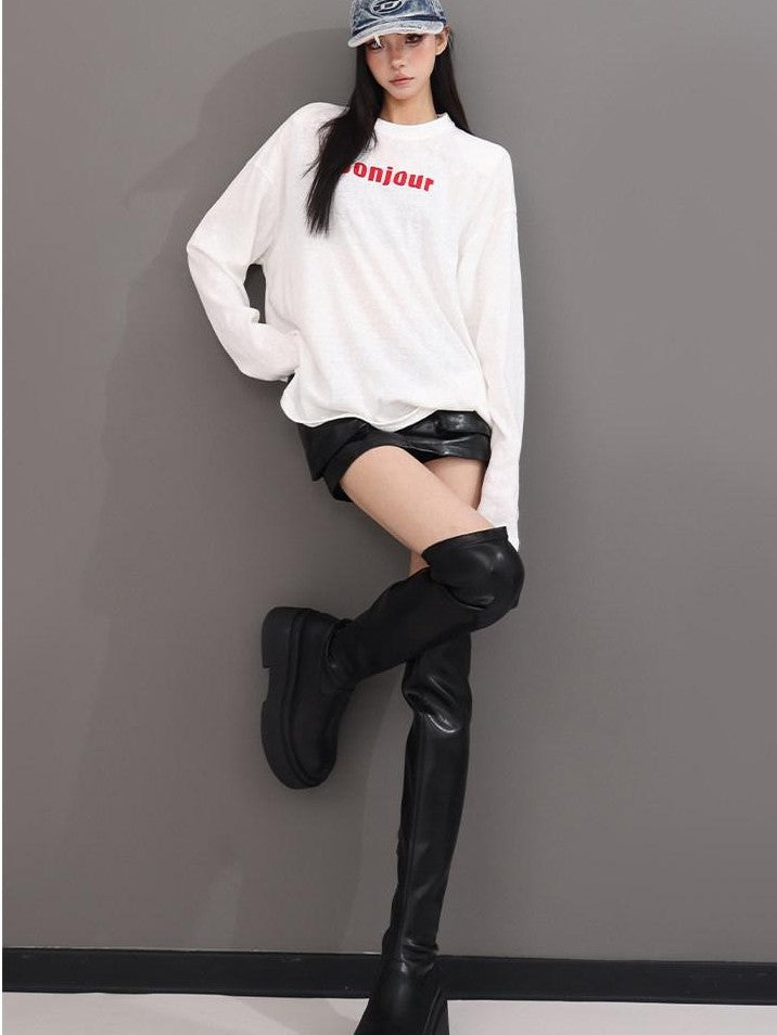 QIUQIU STUDIO Relaxed Letter Print Round Neck Drop Shoulder Women&