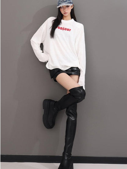 QIUQIU STUDIO Relaxed Letter Print Round Neck Drop Shoulder Women&