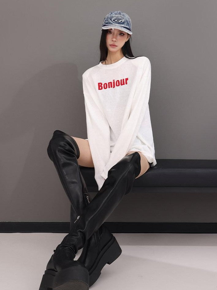 QIUQIU STUDIO Relaxed Letter Print Round Neck Drop Shoulder Women&