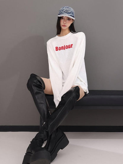 QIUQIU STUDIO Relaxed Letter Print Round Neck Drop Shoulder Women&