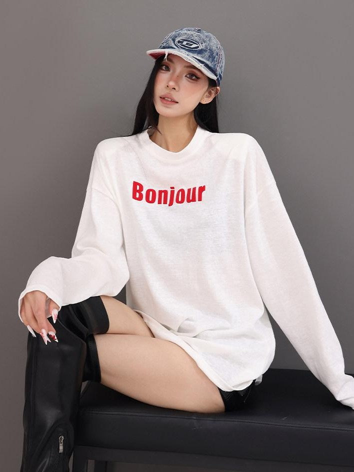 QIUQIU STUDIO Relaxed Letter Print Round Neck Drop Shoulder Women&