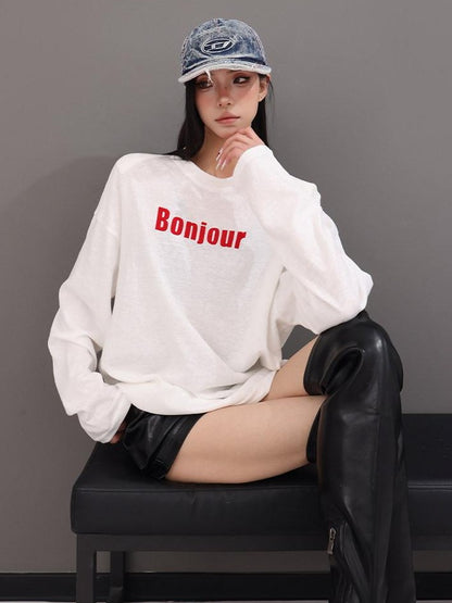 QIUQIU STUDIO Relaxed Letter Print Round Neck Drop Shoulder Women&