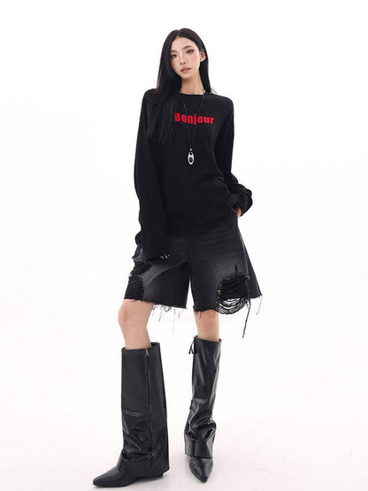 QIUQIU STUDIO Relaxed Letter Print Round Neck Drop Shoulder Women&