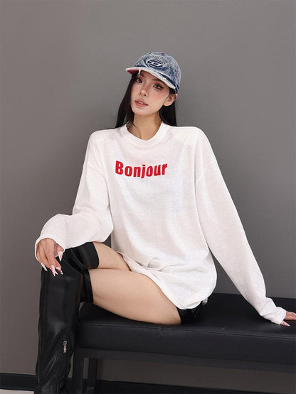 QIUQIU STUDIO Relaxed Letter Print Round Neck Drop Shoulder Women&