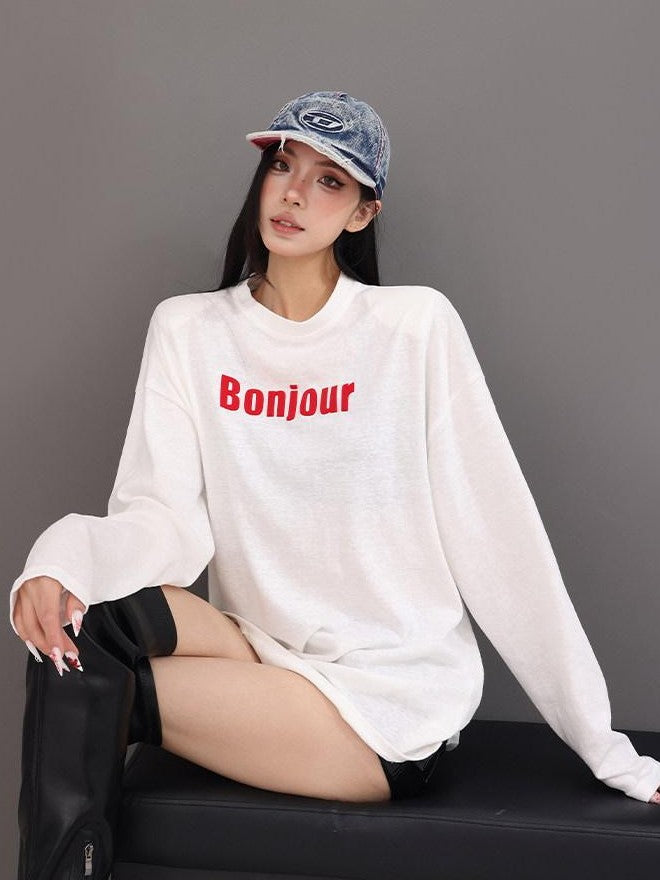 QIUQIU STUDIO Relaxed Letter Print Round Neck Drop Shoulder Women&