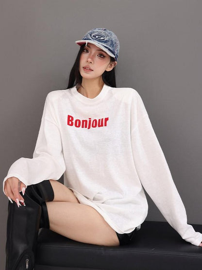QIUQIU STUDIO Relaxed Letter Print Round Neck Drop Shoulder Women&
