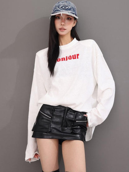 QIUQIU STUDIO Relaxed Letter Print Round Neck Drop Shoulder Women&