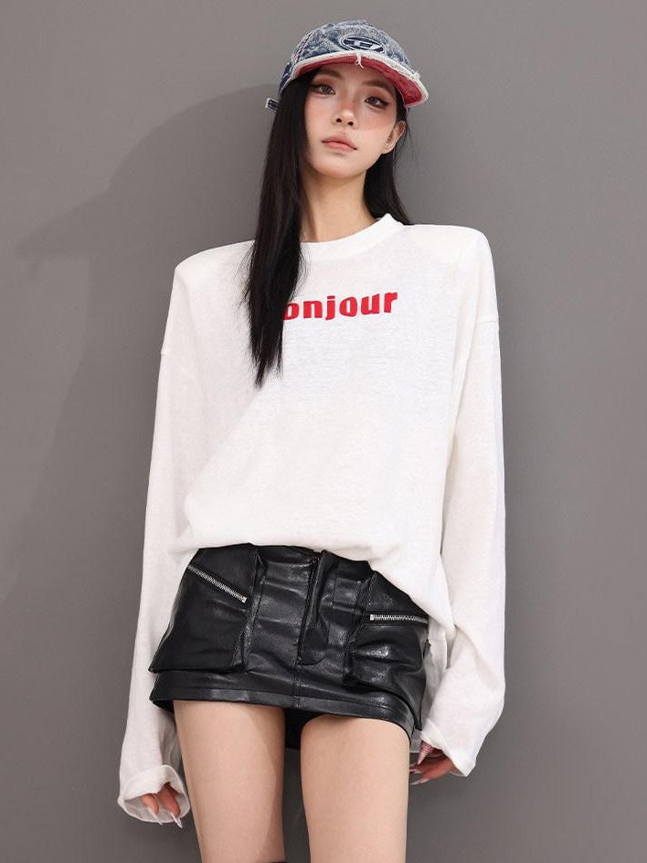 QIUQIU STUDIO Relaxed Letter Print Round Neck Drop Shoulder Women&
