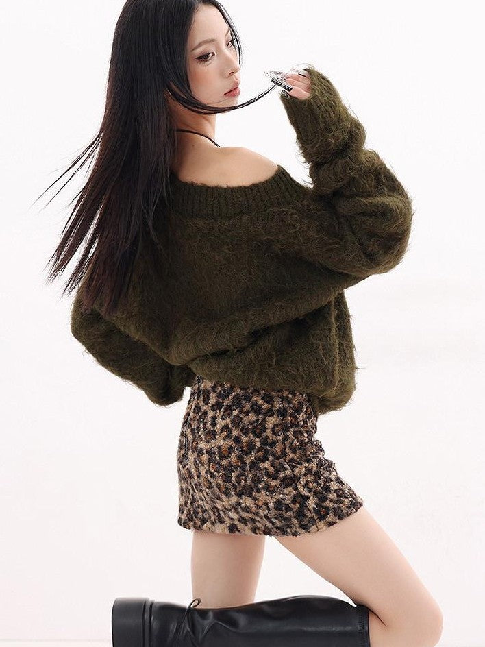 QIUQIU STUDIO Retro Leopard Print A Line Slim Mid Waist Lined Women&